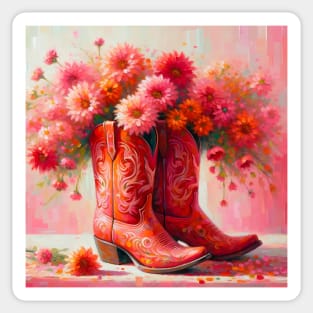 Preppy cowgirl pink heeled boots with flowers art Sticker